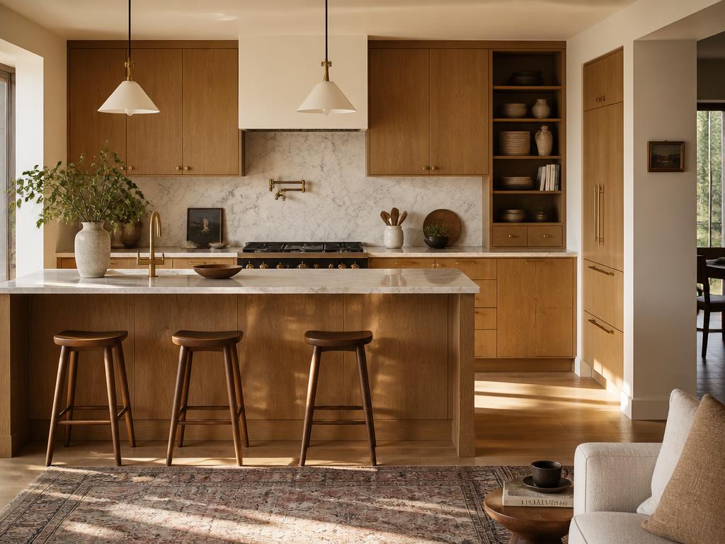 Warm oak kitchen with marble island and pendant lighting